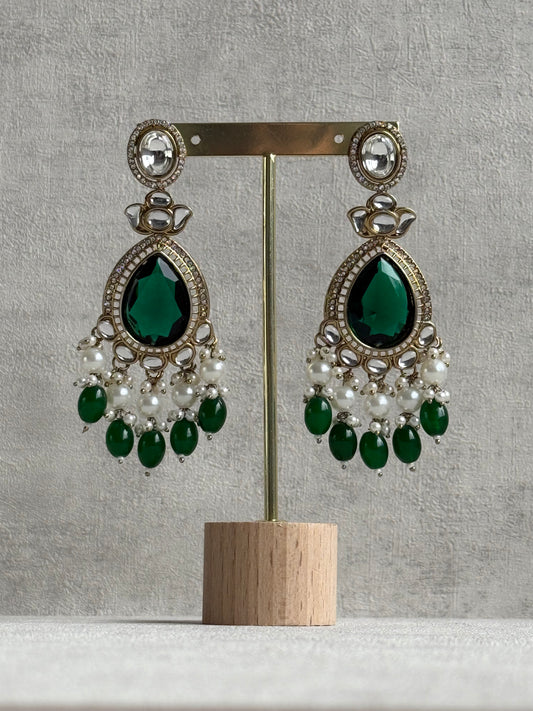Ayura Designs Nageen Earrings – Antique Gold Jhumkis with Emerald Green Stones, Mirror-Cut Accents & Pearl Drops