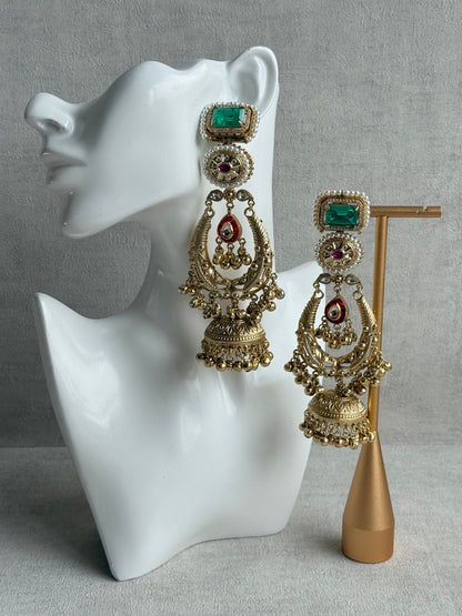 Ayura Designs Zirwa Earrings – Statement Jhumkis with Jade Green Stones, Ruby Accents, Pearl Borders & Ghungroos