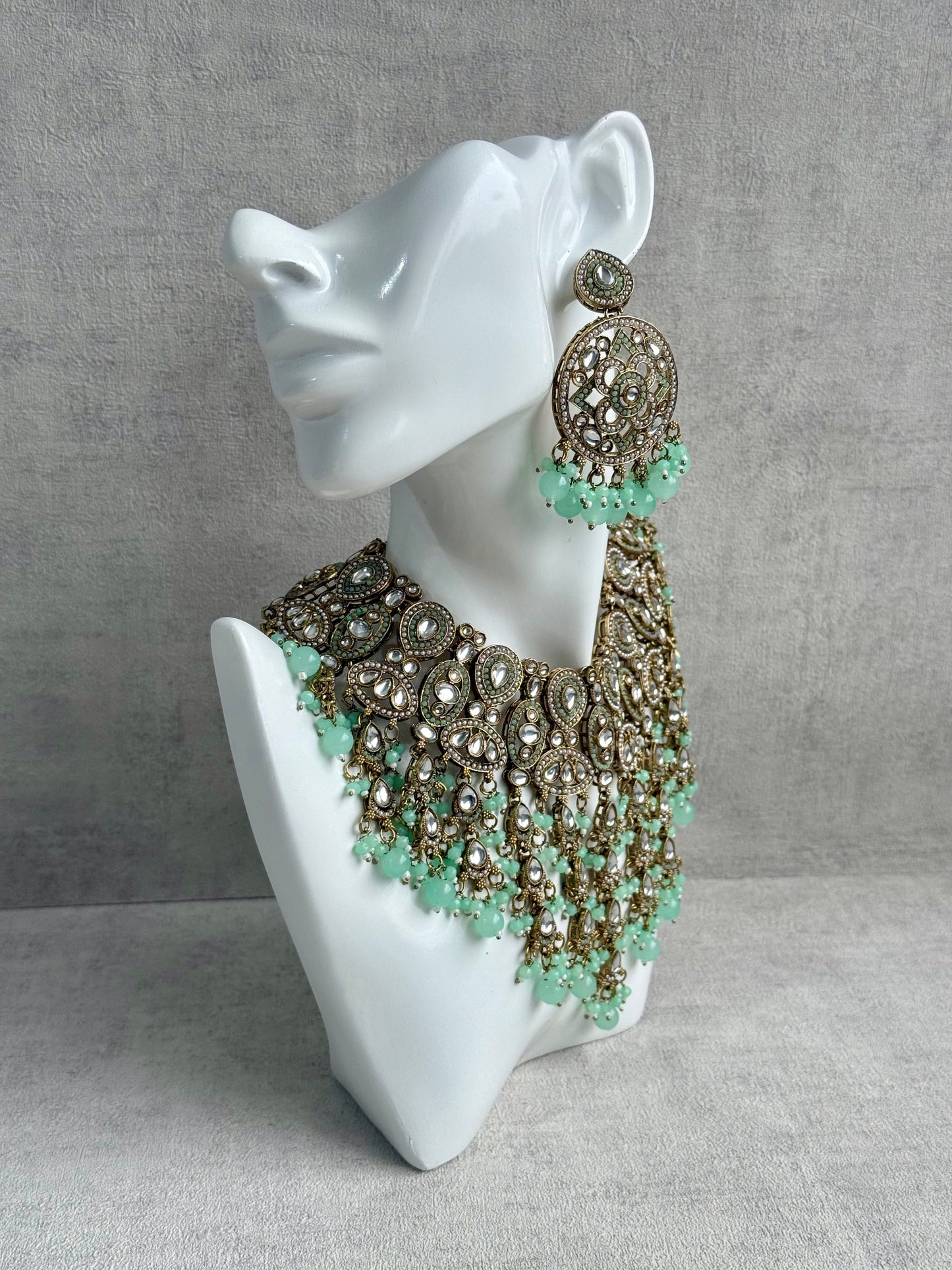 Ayura is Designs Tanya Bridal Set with Necklace, Earrings & Tikka – Pistachio Mint Beads, Mirror-Cut Stones and Antique Gold Finish