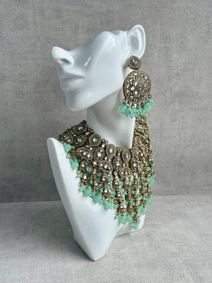 Ayura is Designs Tanya Bridal Set with Necklace, Earrings & Tikka – Pistachio Mint Beads, Mirror-Cut Stones and Antique Gold Finish