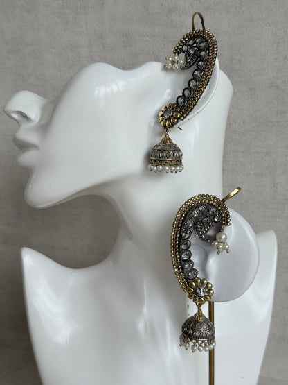 Ayura Designs Koyal Jhumkis – Oxidised Dual Tone Ear Climber Jhumkis with Kundan Stones & Pearl Detailing