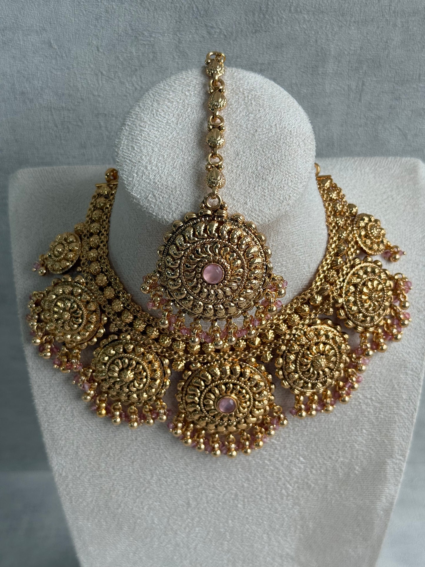 Ayura Designs Rummy Set – Statement Necklace, Earrings & Tikka with Blush Pink Beads and Polished Gold Finish