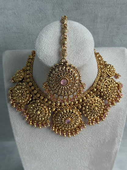 Ayura Designs Rummy Set – Statement Necklace, Earrings & Tikka with Blush Pink Beads and Polished Gold Finish