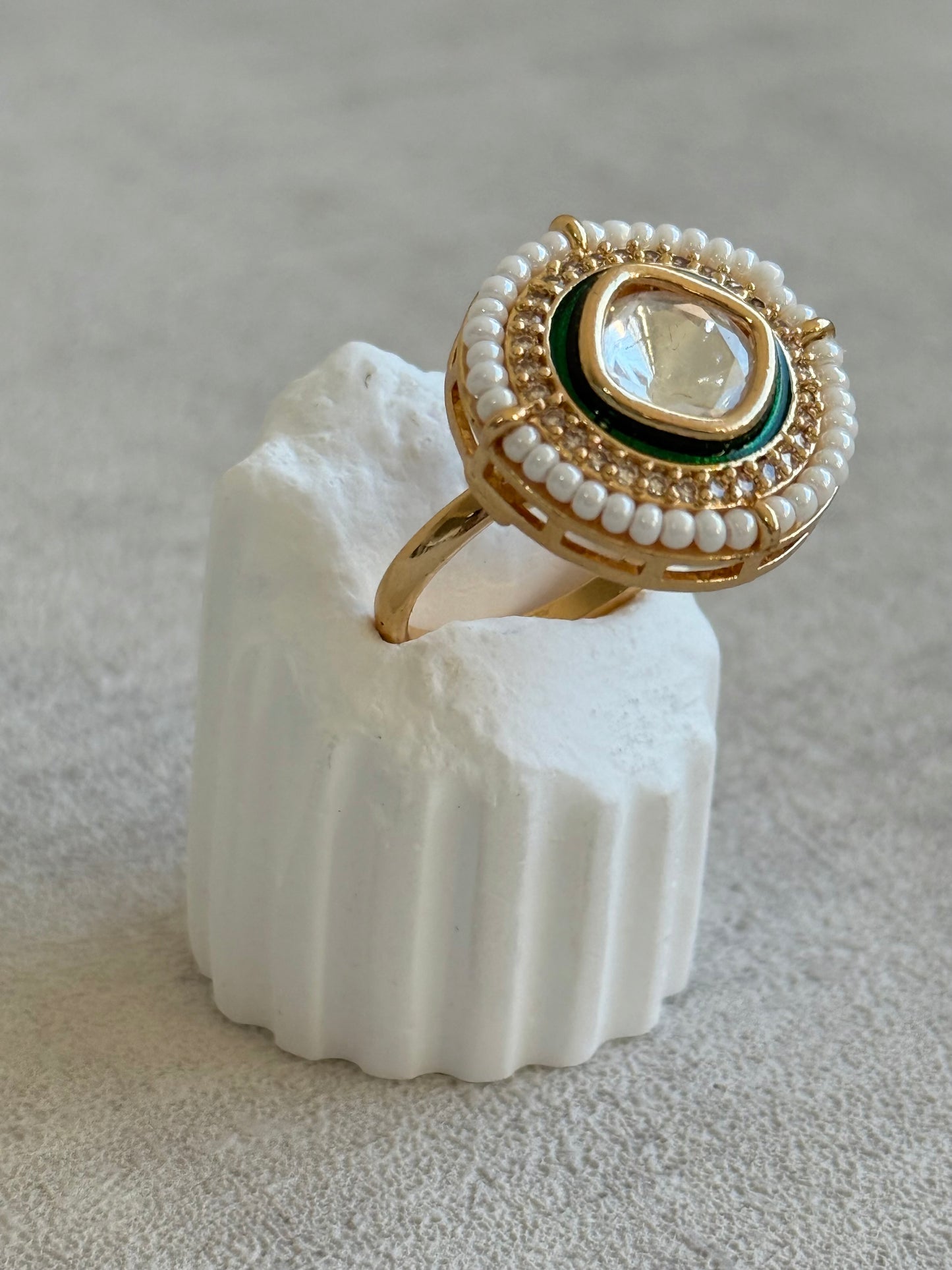 Ayura Designs Roselle Adjustable Ring – Moissanite Centre with Crystal Border & Ivory Pearls