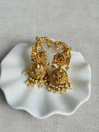 Ayura Designs Anika Jhumkis – Gold Half Ear Cuffs with Peacock Motif, Green Stone Accents, Kundan Crystals & Pearl Jhumka Drops