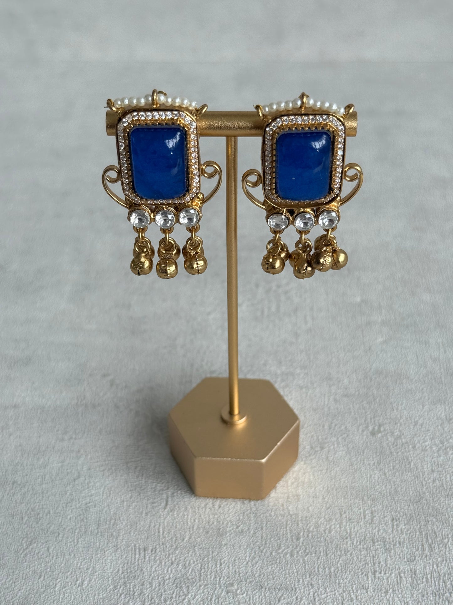 Ayura Designs Aleena Earrings – Sapphire Blue Stone Stud Earrings with Pearls & Ghungroo Detailing