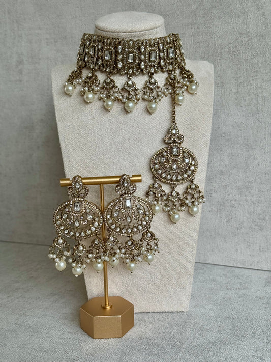 Ayura Designs Viana Choker Set with Earrings & Tikka – Antique Gold Finish, Mirror-Cut Stones & Pearl Drops