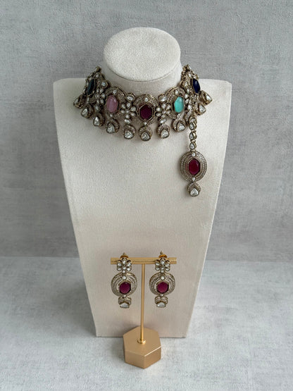 Ayura Designs Emanya Choker Set – Choker, Earrings & Tikka with Mirror-Cut Stones, Multicolour & Antique Gold Detailing