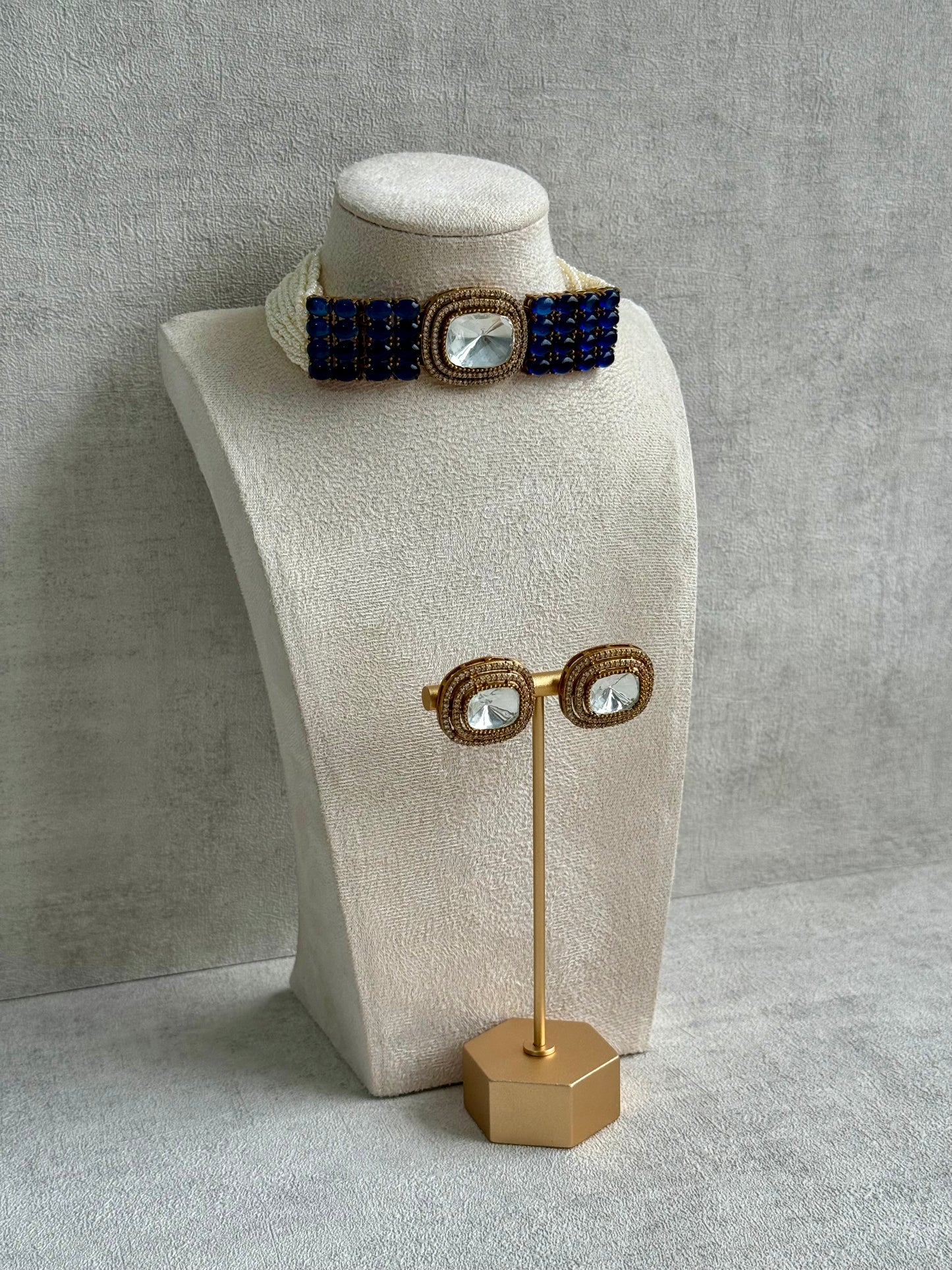 Ayura Designs Emma Choker Set – Sapphire Blue Gemstone Choker & Studs with Mirror-Cut Centrepiece, Pearl Strands & Crystal Borders