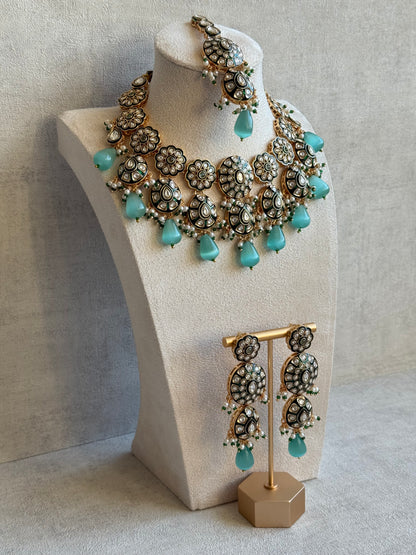 Ayura Designs Sumaira Set – Necklace, Earrings & Tikka with Kundan, Green Meenakari Detailing & Aqua Drops