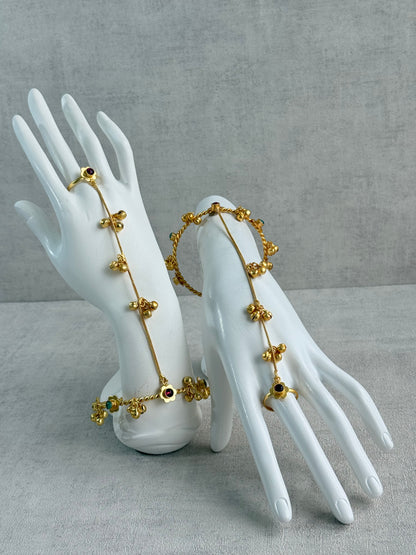 Ayura Designs Kajri Haathphool Set of 2 – Gold Tone Floral Hand Harness with Multicolour Stones & Ghungroo Detailing