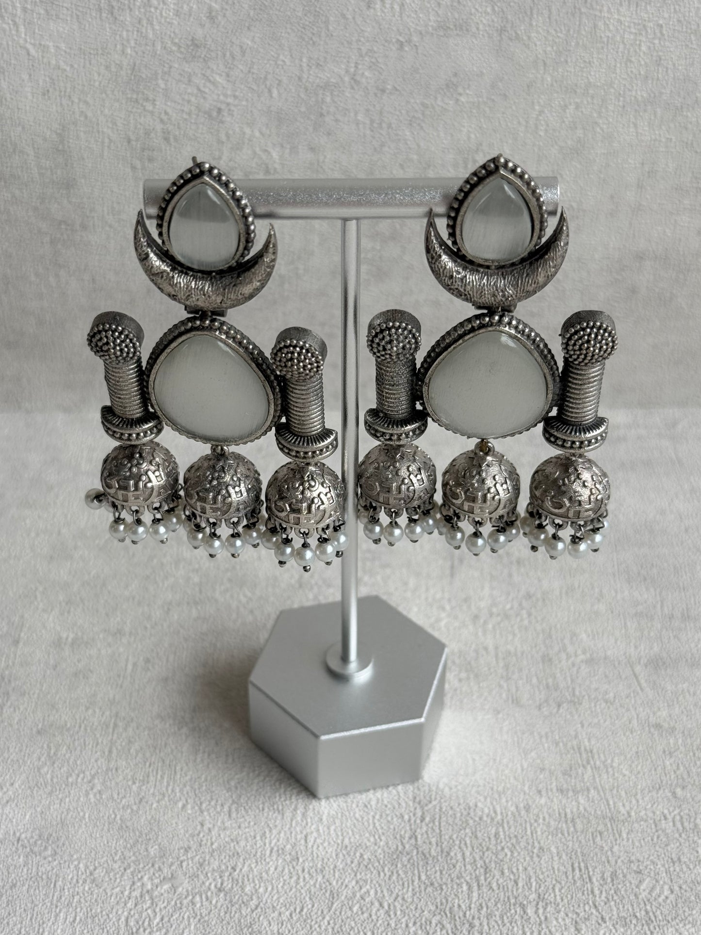 Ayura Designs Qissa Earrings – Oxidised Triple Jhumki Earrings with Opal Grey Stones & Pearl Detailing
