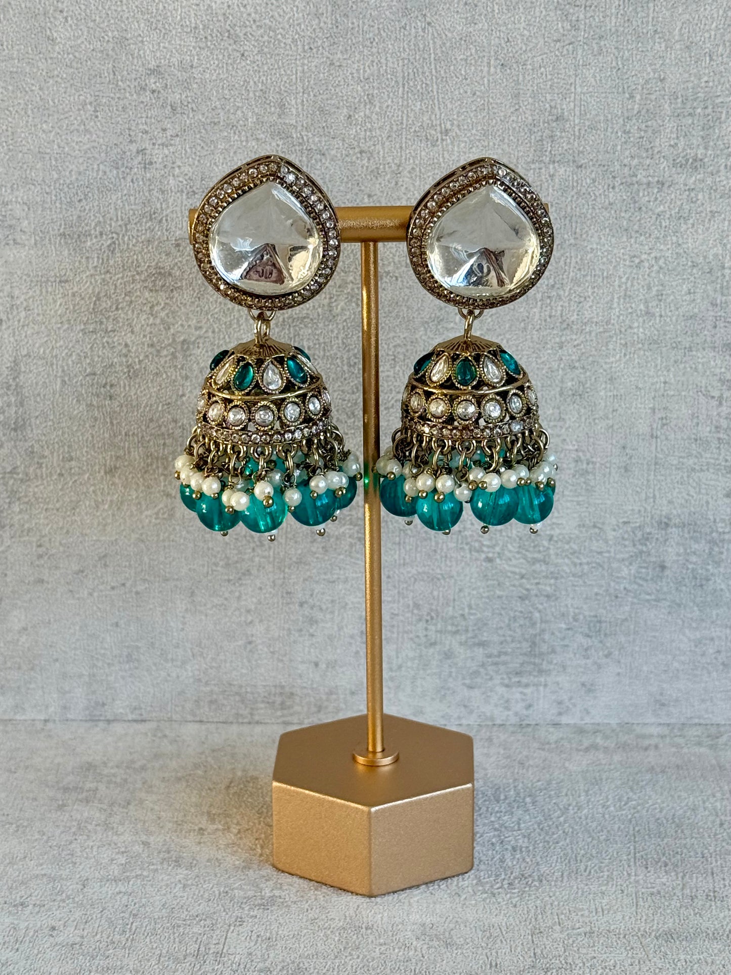 Ayura Designs Brielle Set – Necklace & Jhumkis with Mirror-Cut Stones, Aqua & Deep Teal Beads