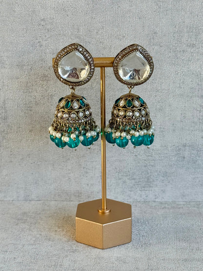 Ayura Designs Brielle Set – Necklace & Jhumkis with Mirror-Cut Stones, Aqua & Deep Teal Beads