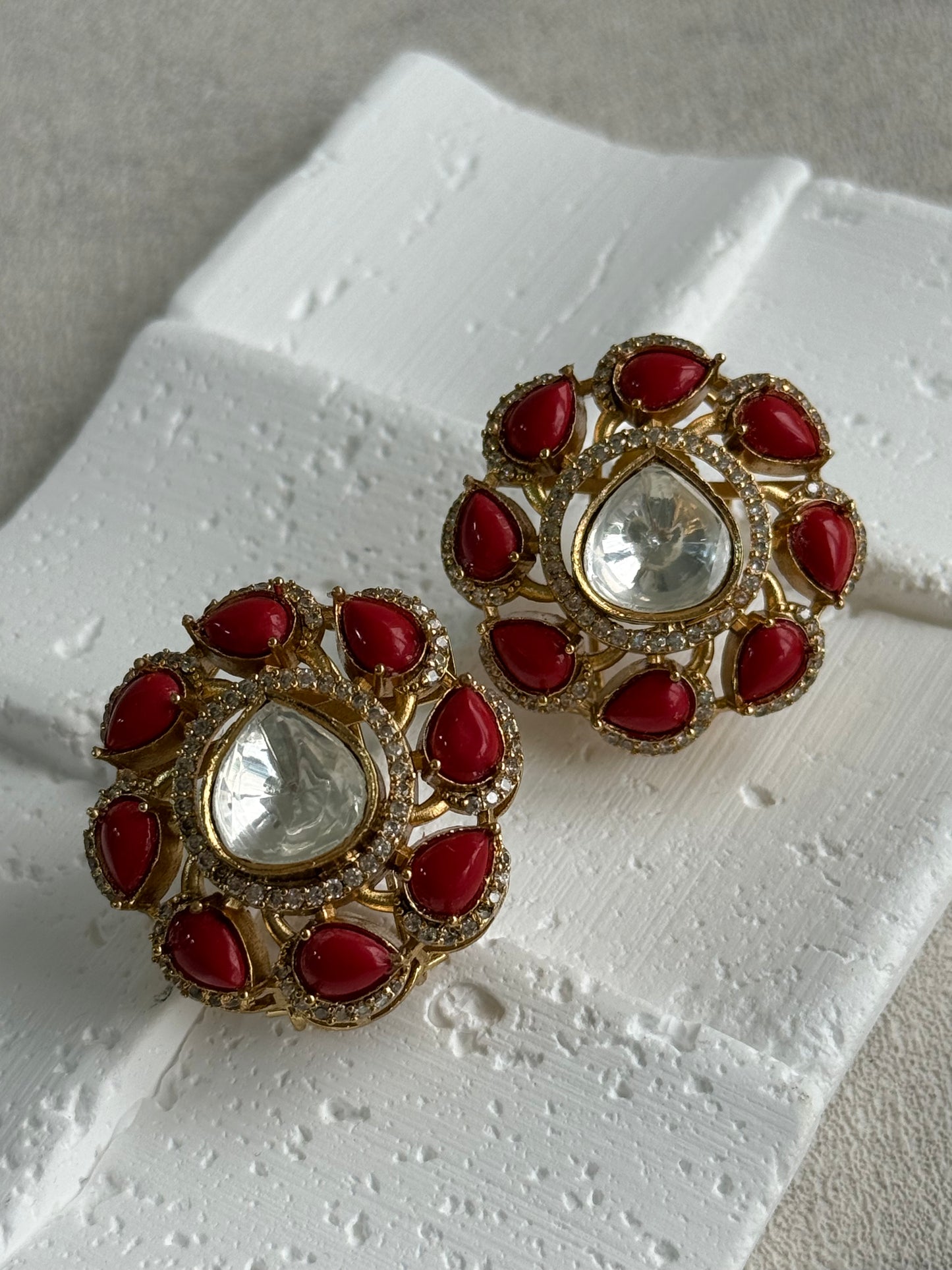 Ayura Designs Giana Stud Earrings – Ruby Red & Crystal Kundan with Gold Finish
