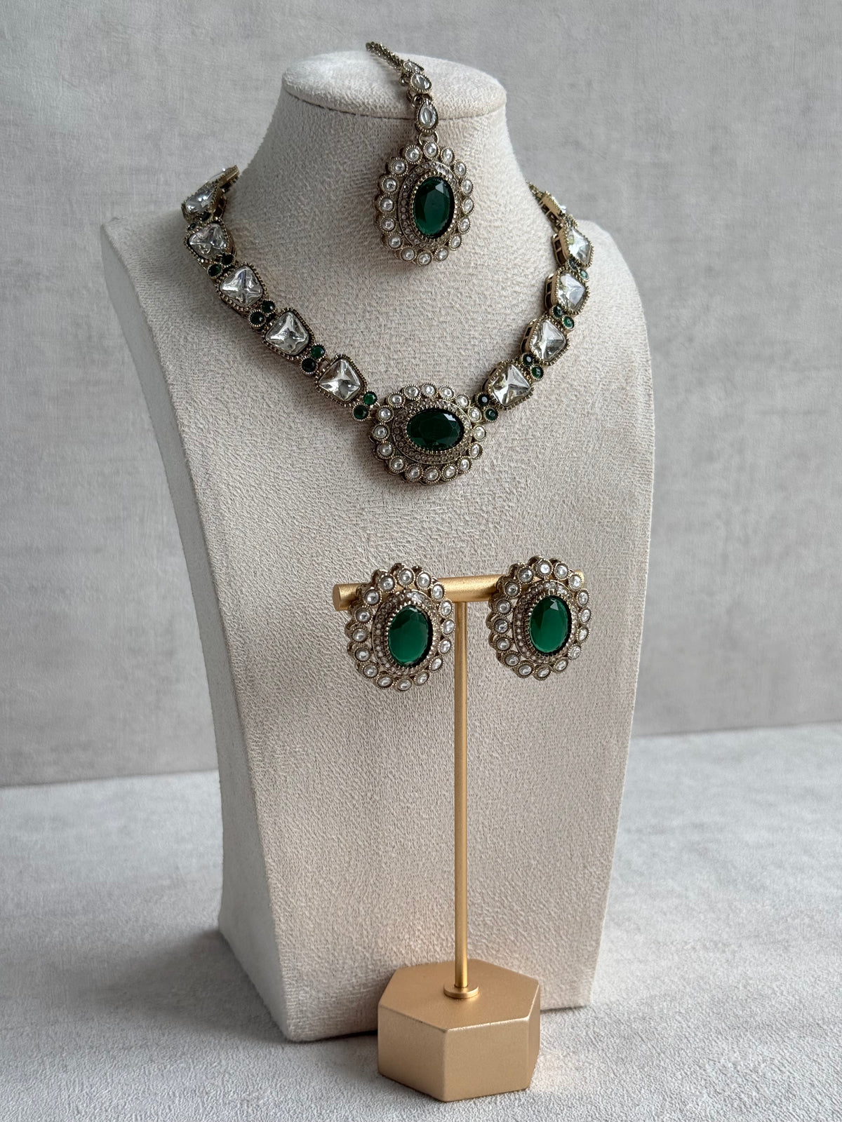Ayura Designs Inza Necklace Set – Emerald Green Stones, Kundan & Crystals with Antique Gold Finish