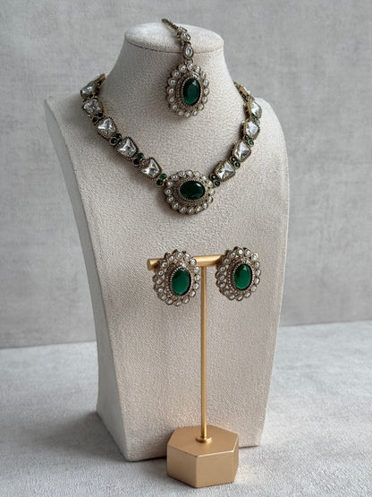 Ayura Designs Inza Necklace Set – Emerald Green Stones, Kundan & Crystals with Antique Gold Finish