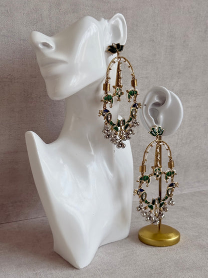 Ayura Designs Zoonpari Earrings – Emerald Green & Blue Meenakari Peacock Chandeliers in Dual Tone with Ghungroos
