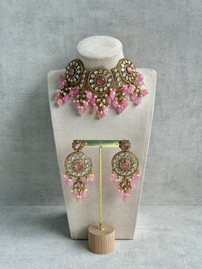 Ayura Designs Harper Set – Antique Gold Choker & Earrings with Blush Pink Beads, Kundan Stones & Pearl Detailing