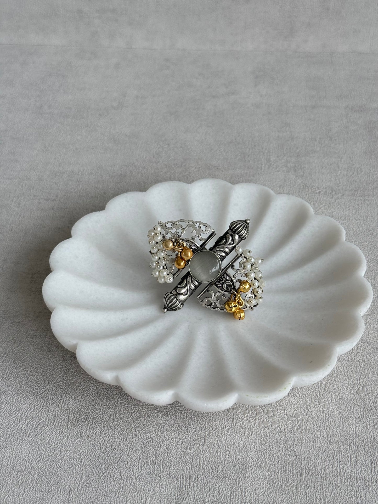 Ayura Designs Arshia Adjustable Ring – Oxidised Statement Ring with Pearl Detailing, Grey Stone & Ghungroo Charms