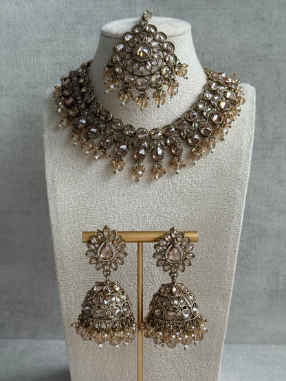 Ayura Designs Emaan Set with Jhumkis & Tikka – Champagne Stones, Antique Gold Finish & Crystal Detailing