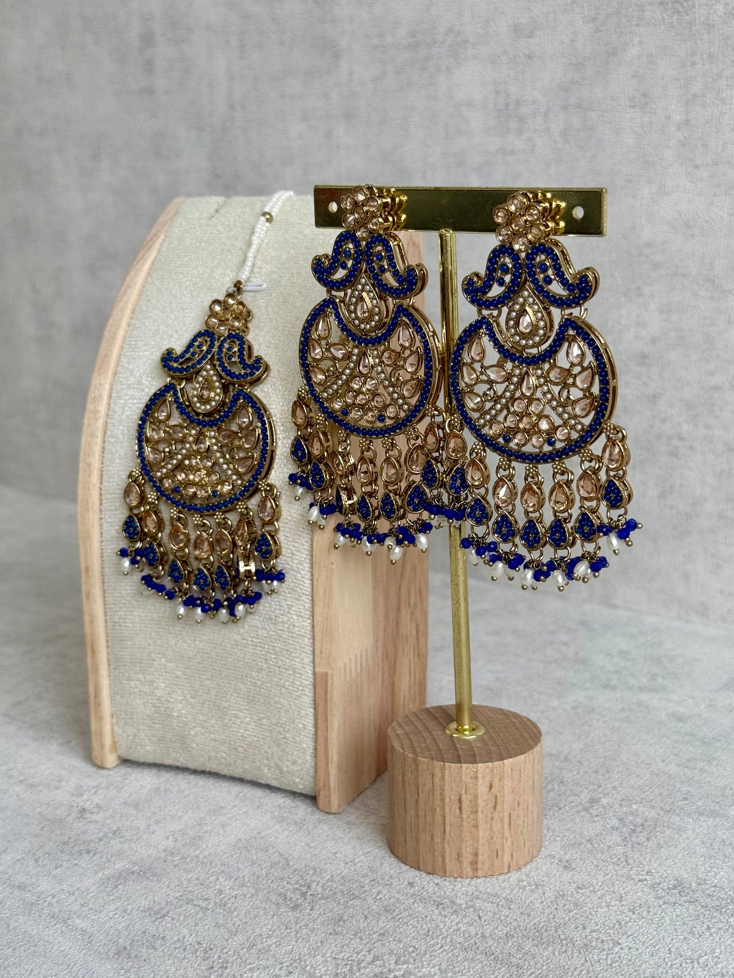 Ayura Designs Anvi Tikka Set with Earrings – Ink Blue with Champagne Stones & Pearl Drops