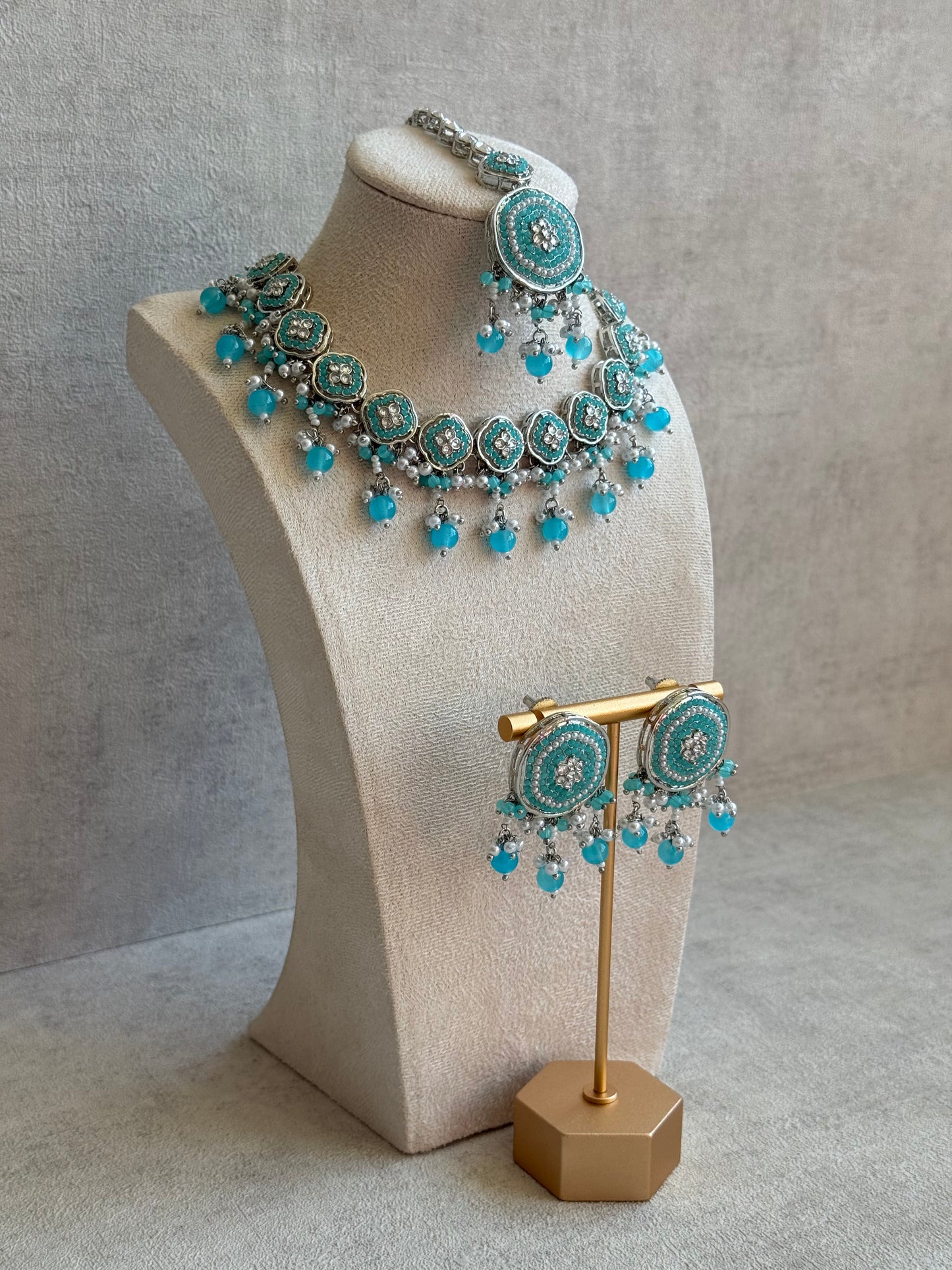 Ayura Designs Nomal Set with Earrings & Tikka – Aqua Blue Beads, Pearl Detailing & Silver Finish