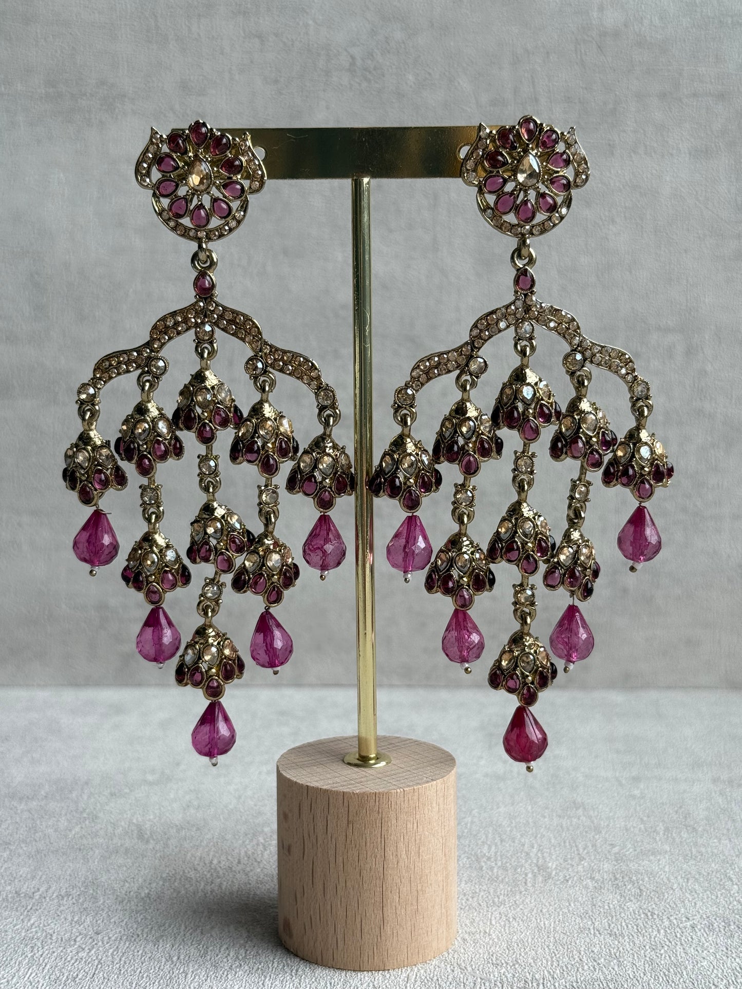 Ayura Designs Jasmine Earrings – Chandelier Earrings with Rose Pink Beads & Antique Gold Detailing