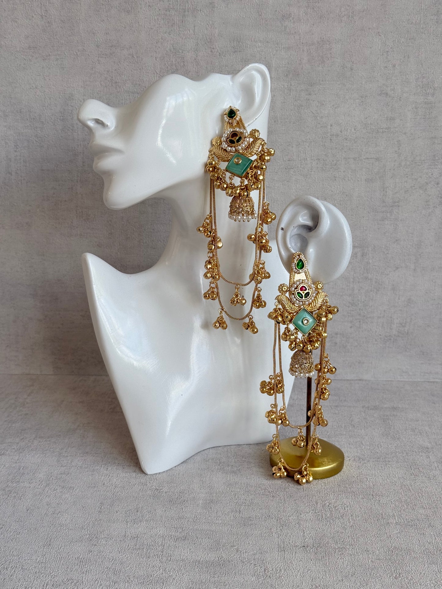 Ayura Designs Simal Earrings – Kashmiri Earrings with Mint Stone, Multicoloured Detailing, Layered Ghungroo Chains & Jhumkis