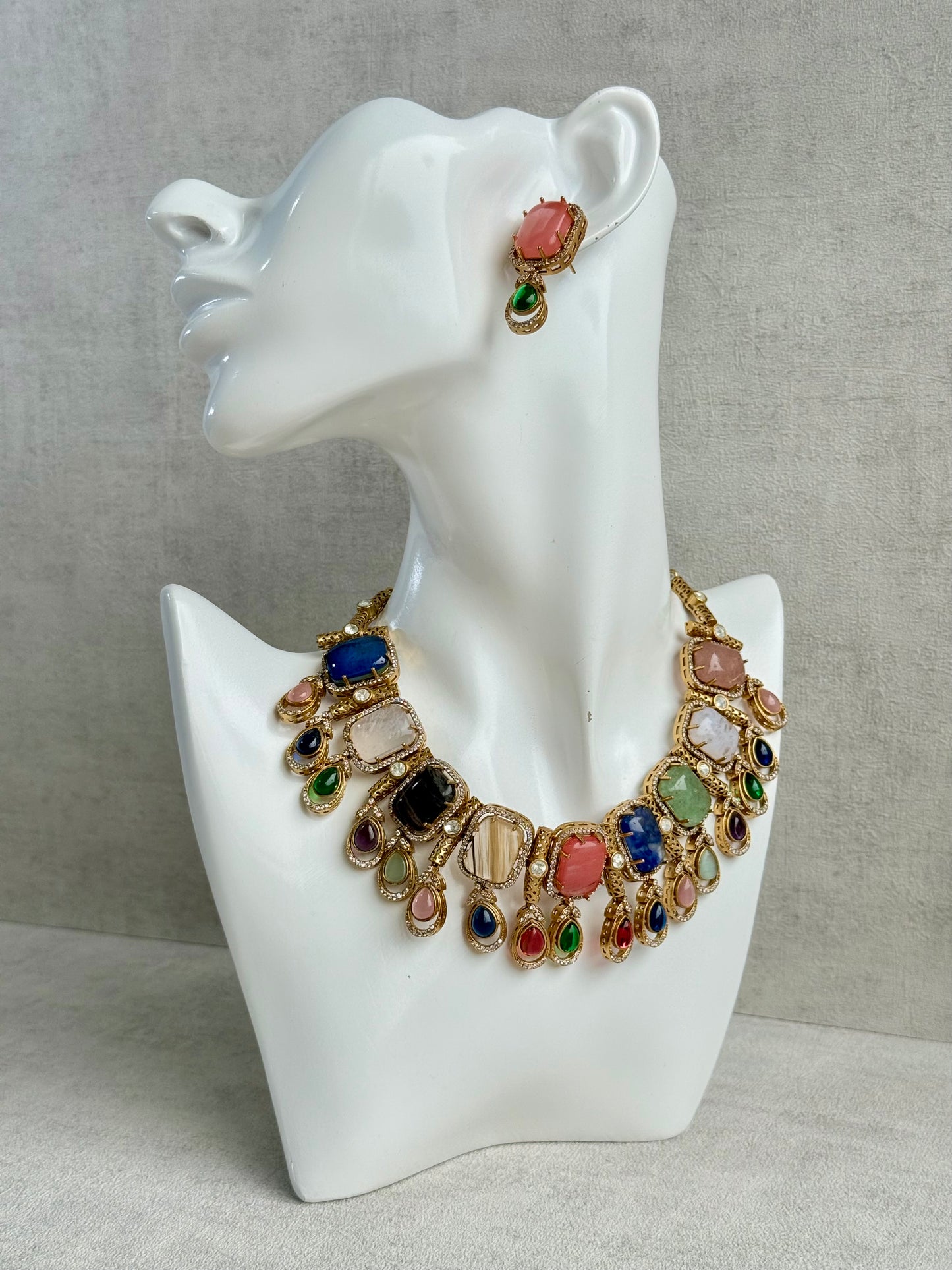 Ayura Designs Adelaide Necklace Set with Earrings – Multicolour Moissanite with Peach Stone Drop Earrings