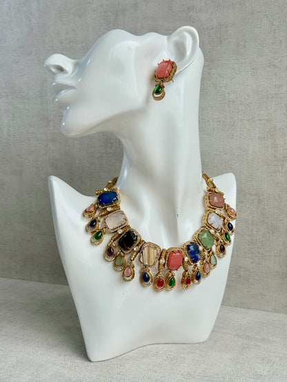 Ayura Designs Adelaide Necklace Set with Earrings – Multicolour Moissanite with Peach Stone Drop Earrings