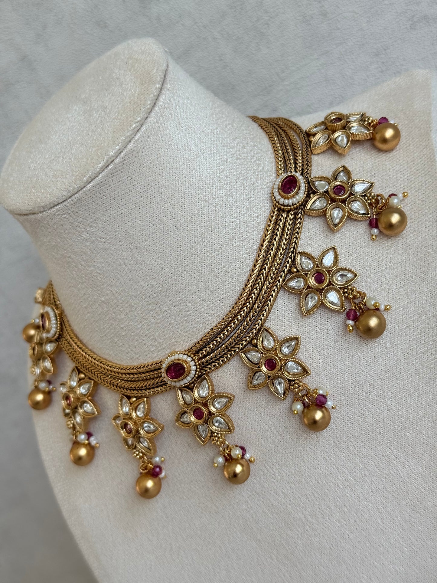 Ayura Designs Daksha Necklace Set with Earrings – Gold Layered Chain Necklace with Ruby Pink Kundan Floral Motifs