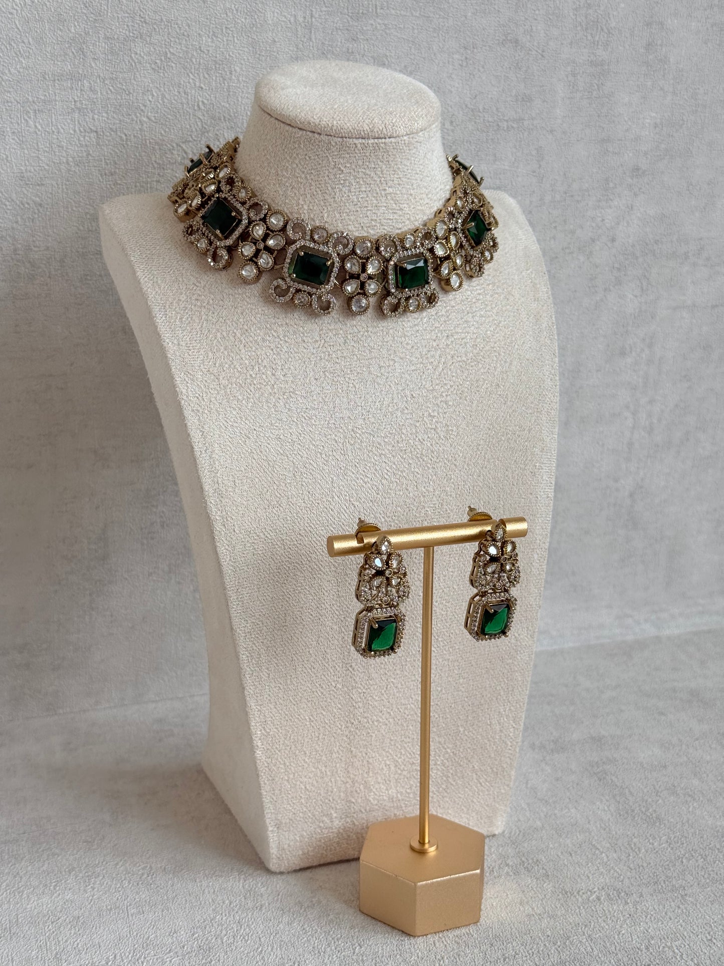 Ayura Designs Celine Set with Earrings – Moissanite Emerald Green Statement Set