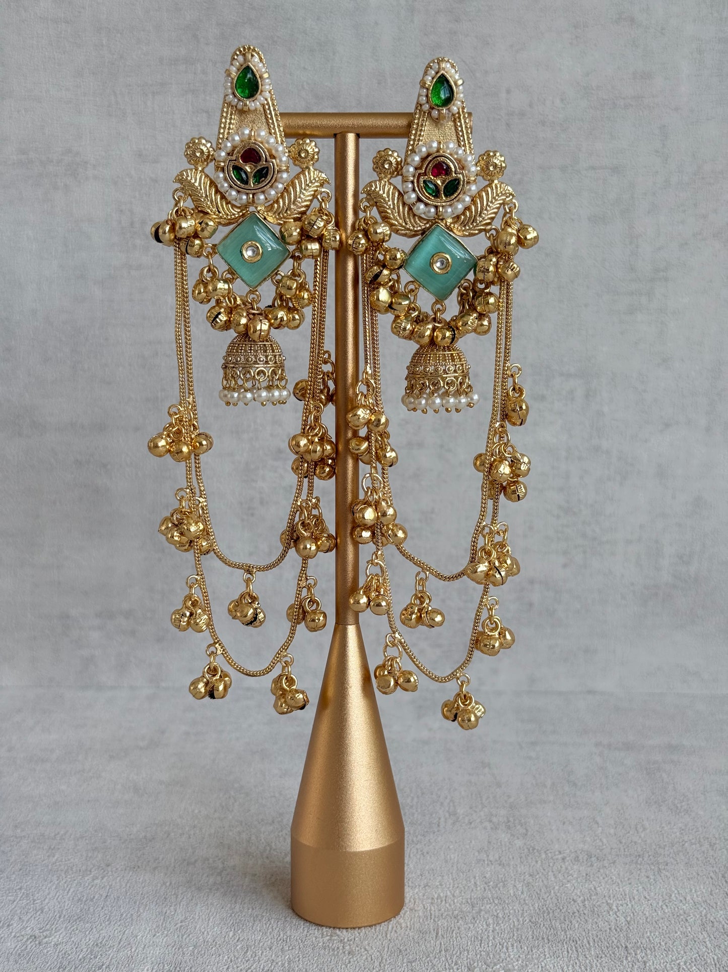 Ayura Designs Simal Earrings – Kashmiri Earrings with Mint Stone, Multicoloured Detailing, Layered Ghungroo Chains & Jhumkis