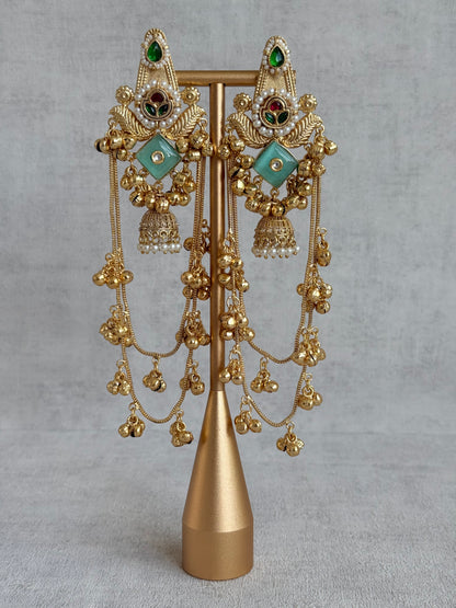 Ayura Designs Simal Earrings – Kashmiri Earrings with Mint Stone, Multicoloured Detailing, Layered Ghungroo Chains & Jhumkis