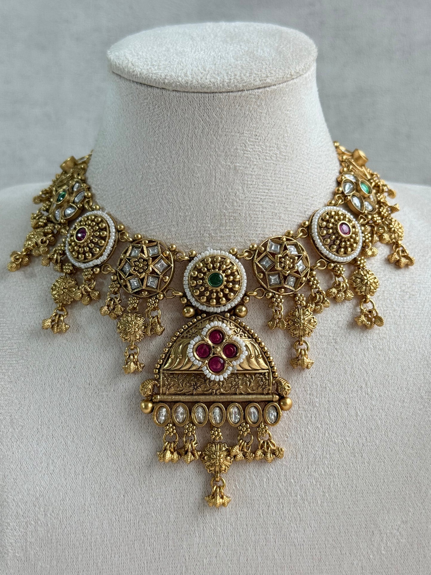 Ayura Designs Kriti Necklace Set with Earrings – Antique Gold Multicolour Kundan Design with Pearls & Ghungroo Detailing