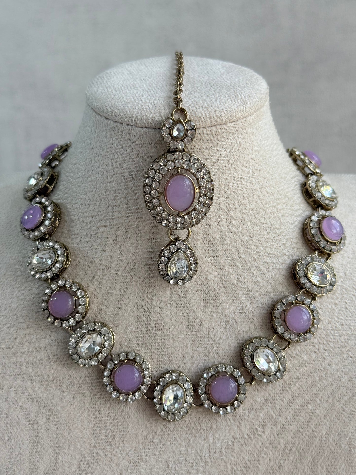 Ayura Designs Eira Necklace Set with Earrings & Tikka – Lilac & Crystal Stones with Antique Gold Finish