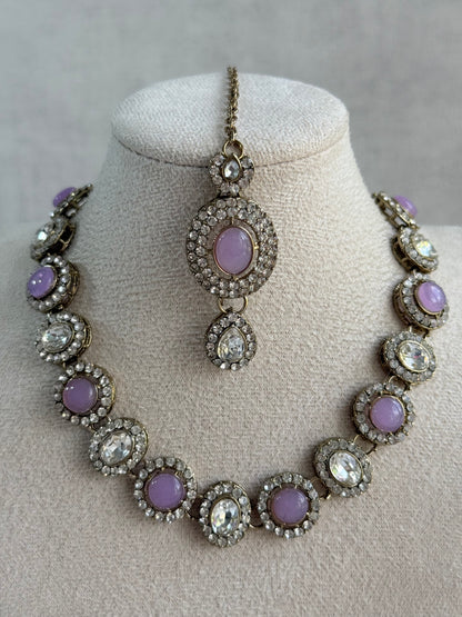 Ayura Designs Eira Necklace Set with Earrings & Tikka – Lilac & Crystal Stones with Antique Gold Finish