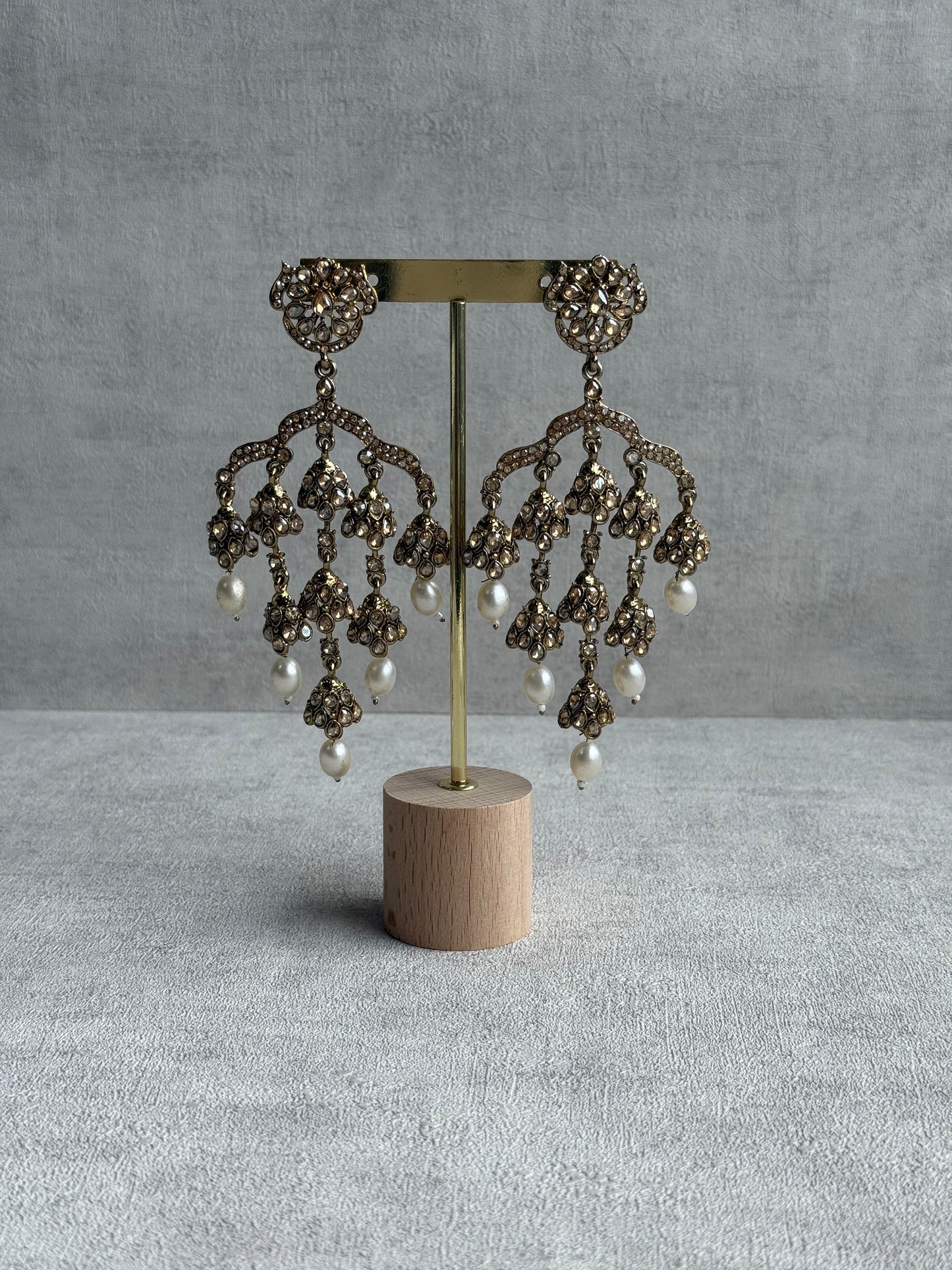 Ayura Designs Jasmine Earrings – Chandelier Earrings with Ivory Pearl Drops & Antique Gold Detailing