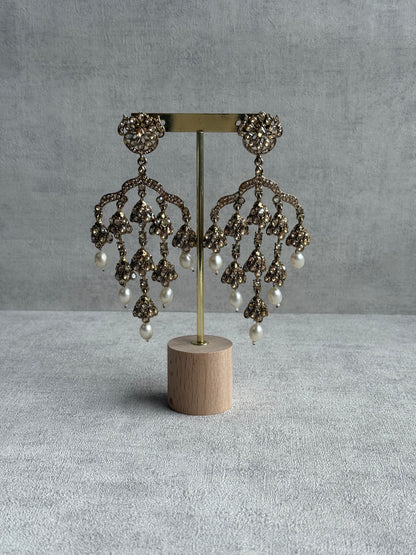 Ayura Designs Jasmine Earrings – Chandelier Earrings with Ivory Pearl Drops & Antique Gold Detailing