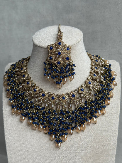 Ayura Designs Rayna Set with Necklace & Tikka – Champagne Crystals, Ink Blue Beads & Antique Gold Finish