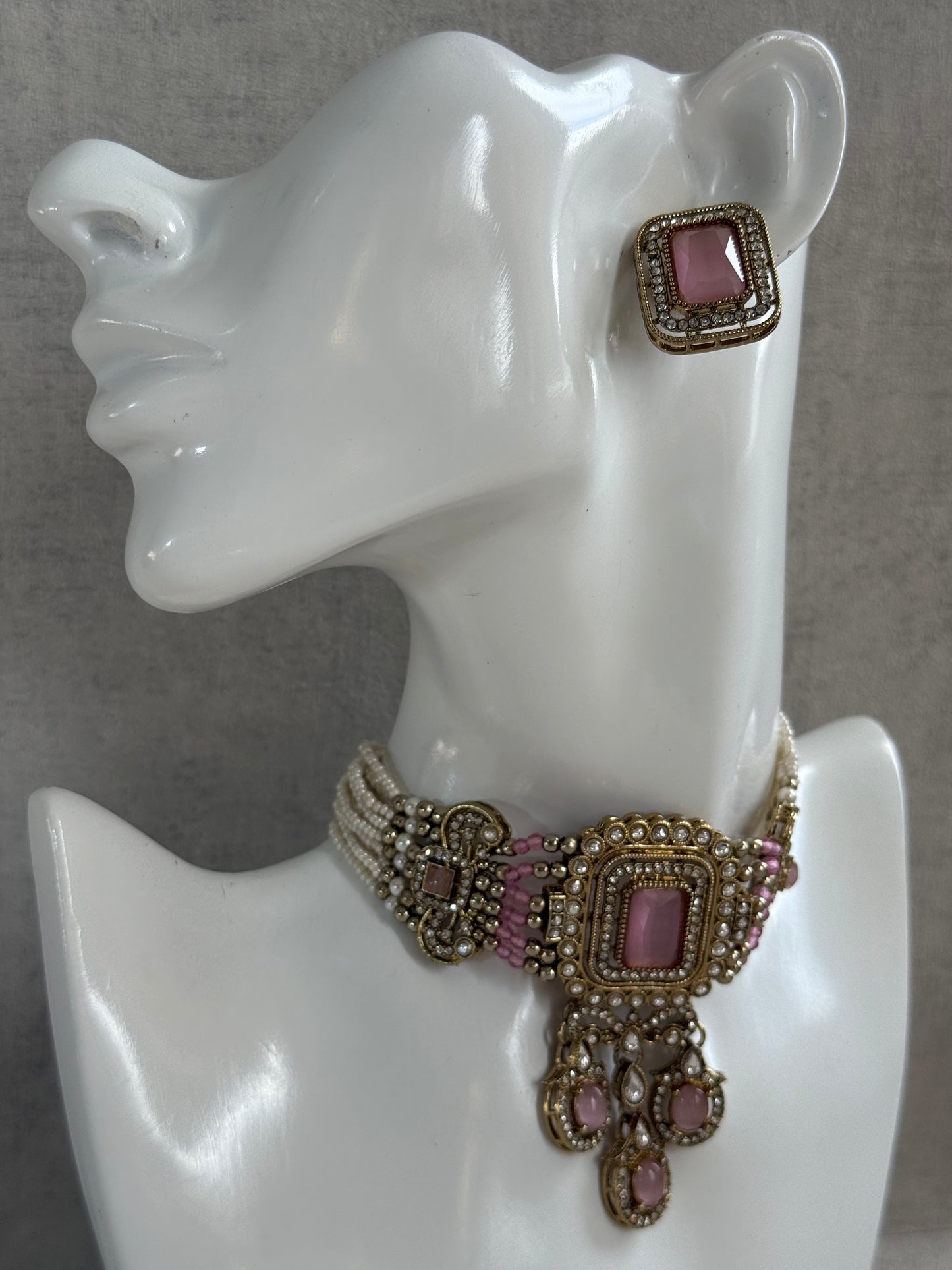 Ayura Designs Nabiha Choker Set with Studs – Blush Pink Stones, Pearl Detailing & Antique Gold Finish