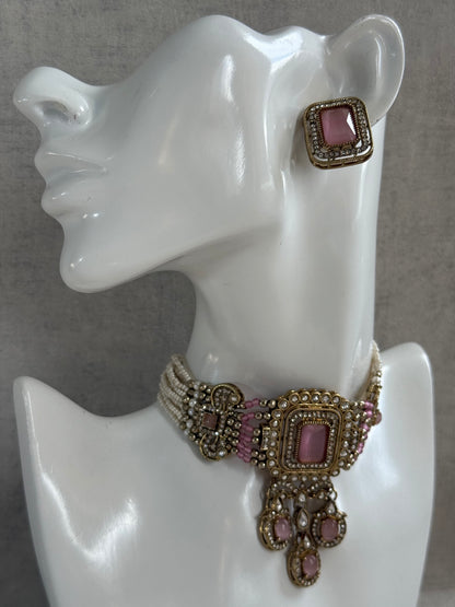Ayura Designs Nabiha Choker Set with Studs – Blush Pink Stones, Pearl Detailing & Antique Gold Finish