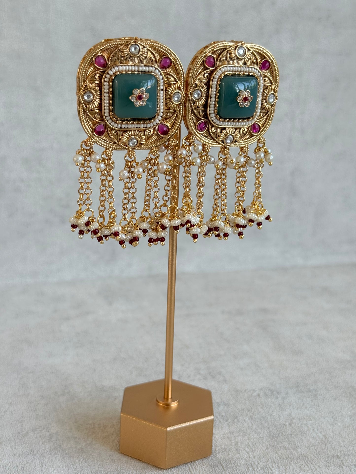Ayura Designs Gunjal Earrings – Sage Green & Rani Pink Chain Drop Studs with Kundan & Bead Detailing