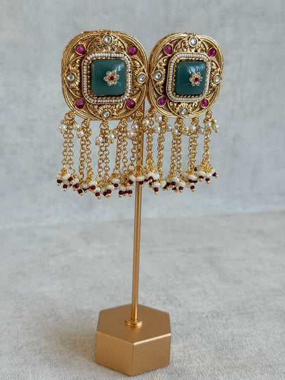 Ayura Designs Gunjal Earrings – Sage Green & Rani Pink Chain Drop Studs with Kundan & Bead Detailing