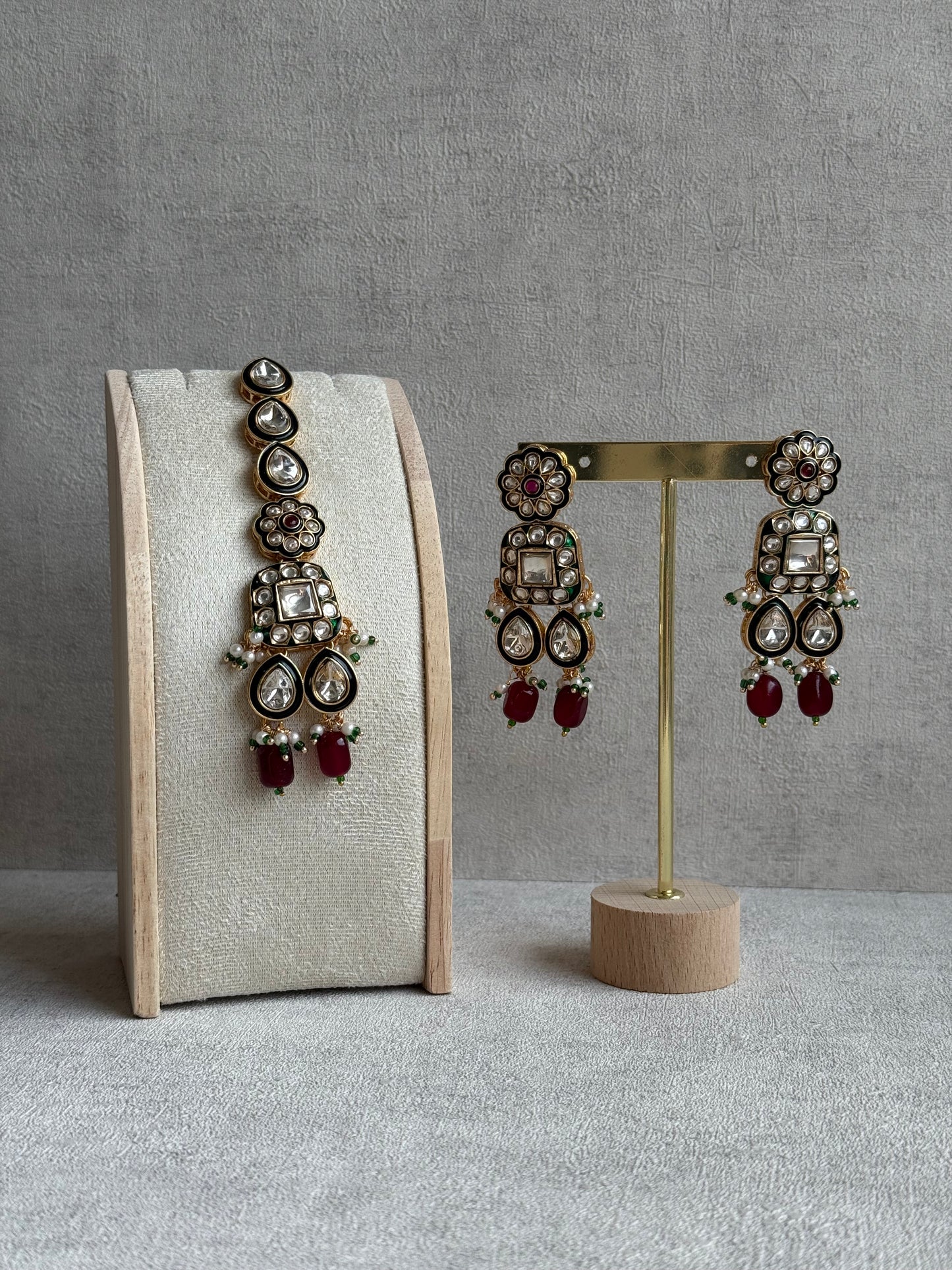 Ayura Designs Salma Set – Necklace, Earrings & Tikka with Mirror-Cut Kundan, Ruby Red Beads, Emerald Green Meenakari & Gold Finish