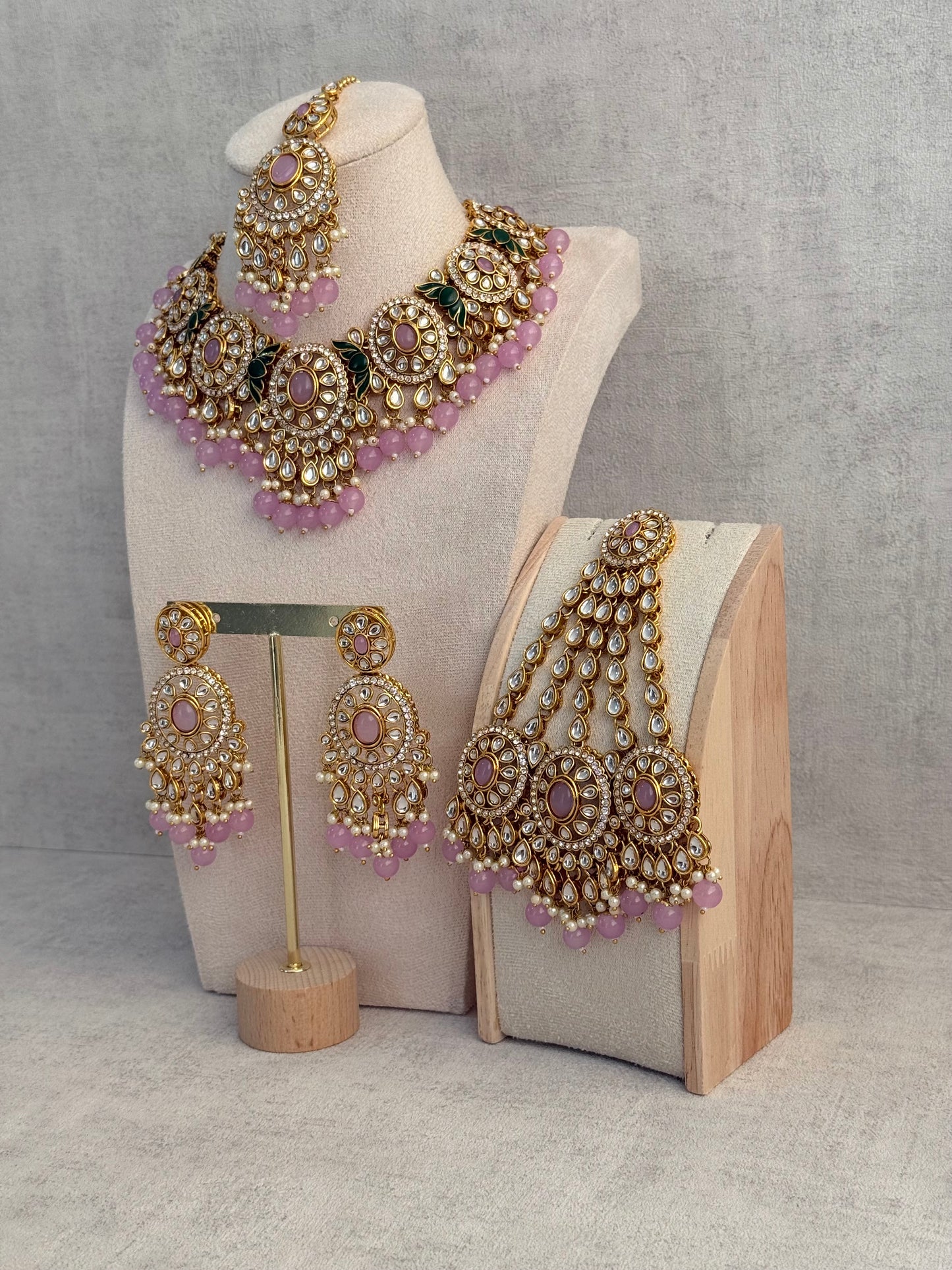Ayura Designs Zara Set with Necklace, Earrings, Tikka & Passa – Antique Gold with Kundan Detailing & Lilac Stones & Beads