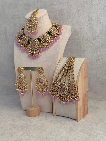 Ayura Designs Zara Set with Necklace, Earrings, Tikka & Passa – Antique Gold with Kundan Detailing & Lilac Stones & Beads