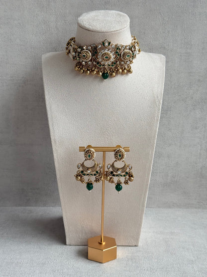 Ayura Designs Sufna Choker Set with Earrings – Emerald Green Stones, Pearl Strands & Kundan Detailing