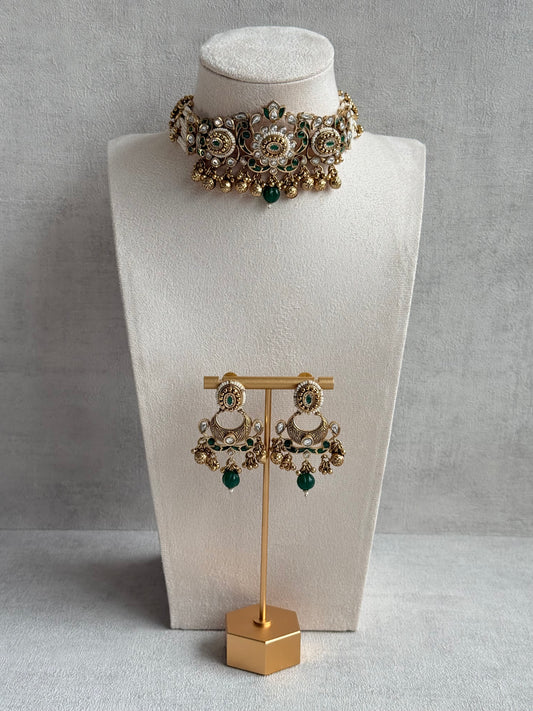 Ayura Designs Sufna Choker Set with Earrings – Emerald Green Stones, Pearl Strands & Kundan Detailing